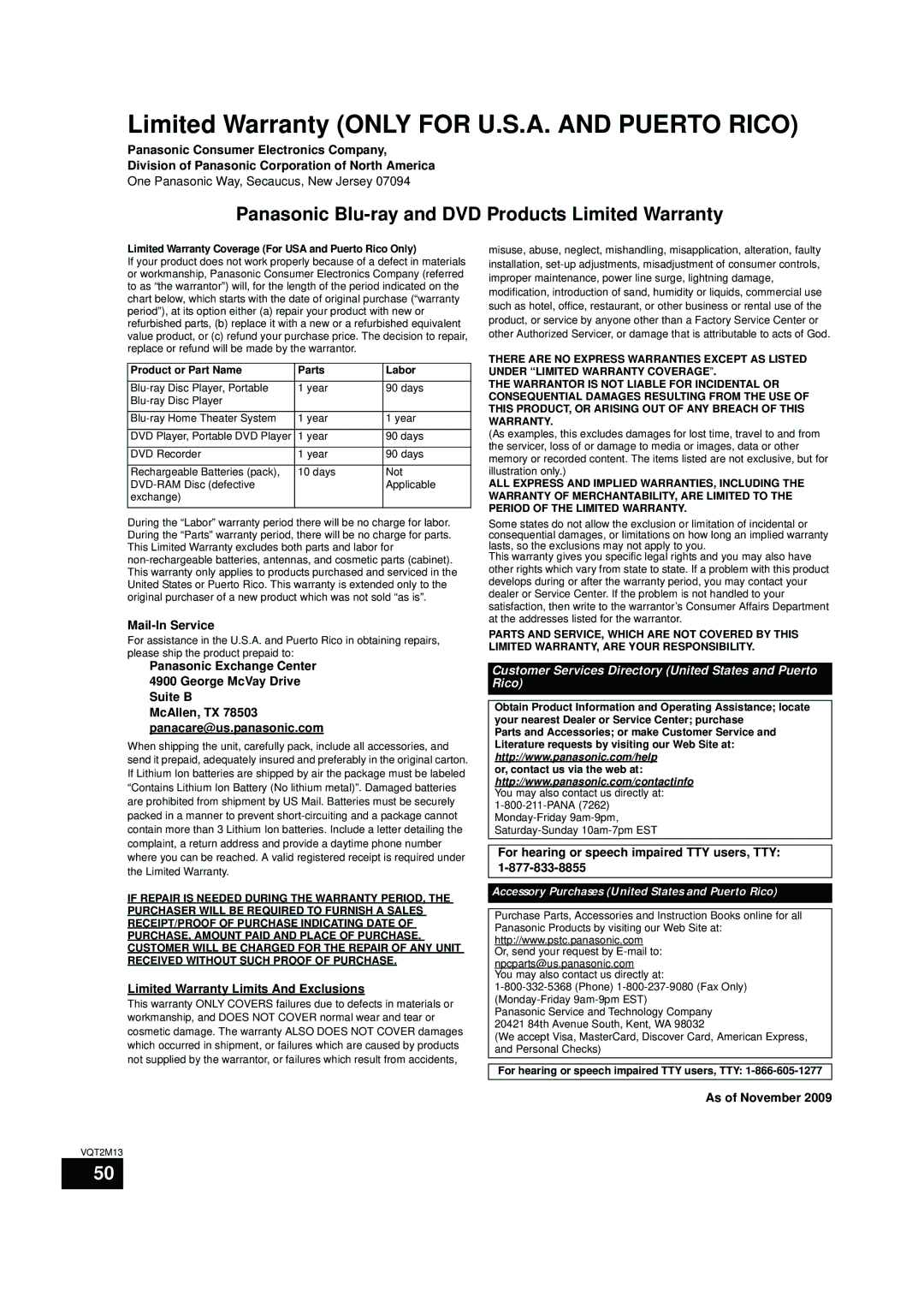 Panasonic SC-BT730, SC-BT330 Mail-In Service, Panasonic Exchange Center George McVay Drive Suite B, As of November 