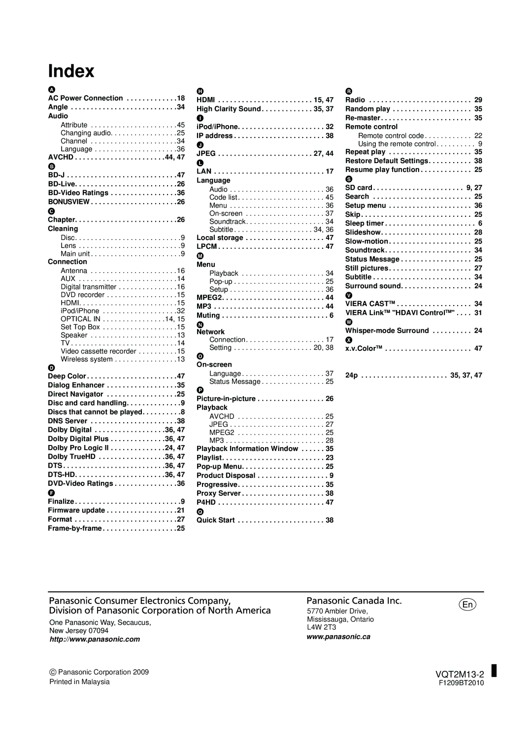 Panasonic SC-BT730, SC-BT330 operating instructions Index 