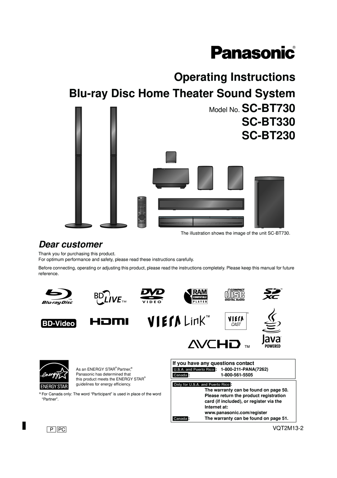 Panasonic operating instructions SC-BT330 SC-BT230, Model No. SC-BT730 