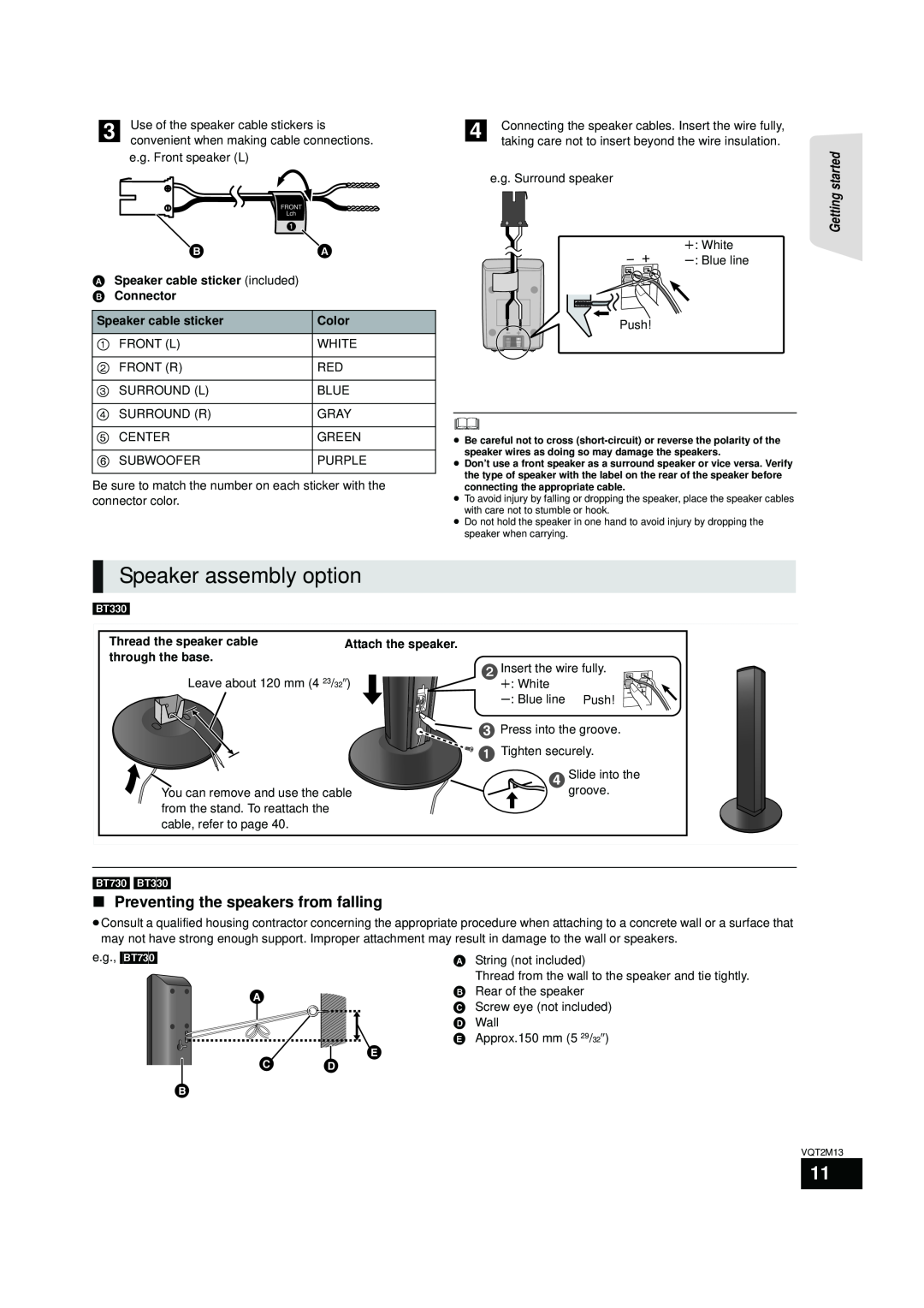 Panasonic SC-BT330, SC-BT730 operating instructions Speaker assembly option, Preventing the speakers from falling,    