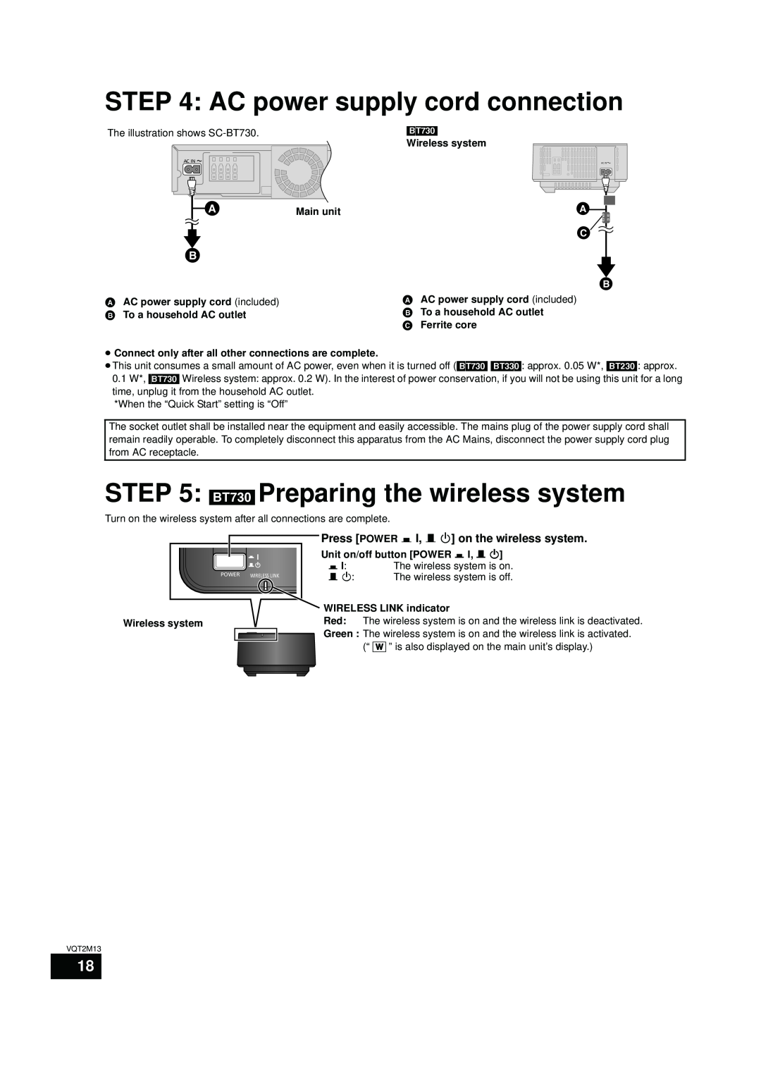 Panasonic SC-BT730, SC-BT330 operating instructions AC power supply cord connection, BT730 Preparing the wireless system 