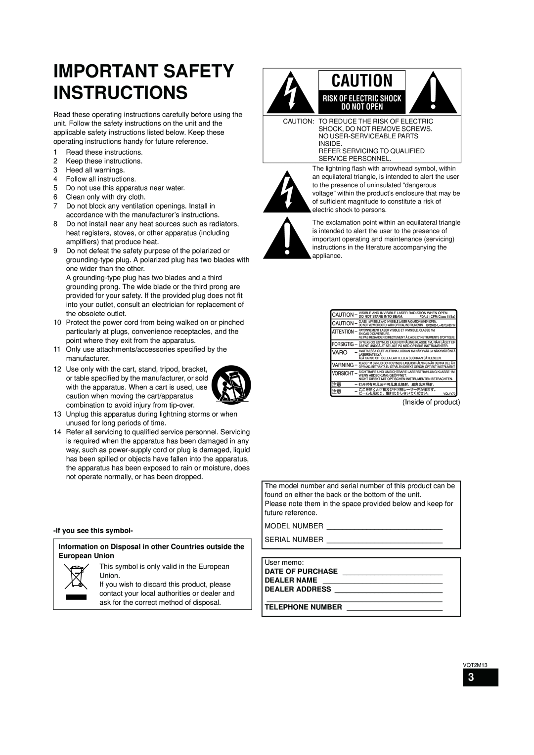 Panasonic SC-BT330, SC-BT730 operating instructions Important Safety Instructions, Risk Of Electric Shock Do Not Open 