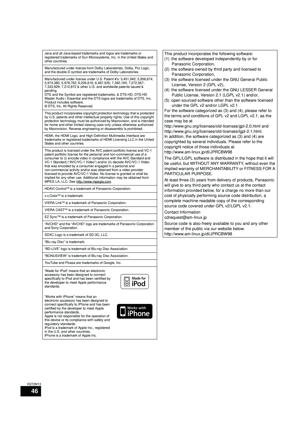 Panasonic SC-BT730, SC-BT330 operating instructions This product incorporates the following software 