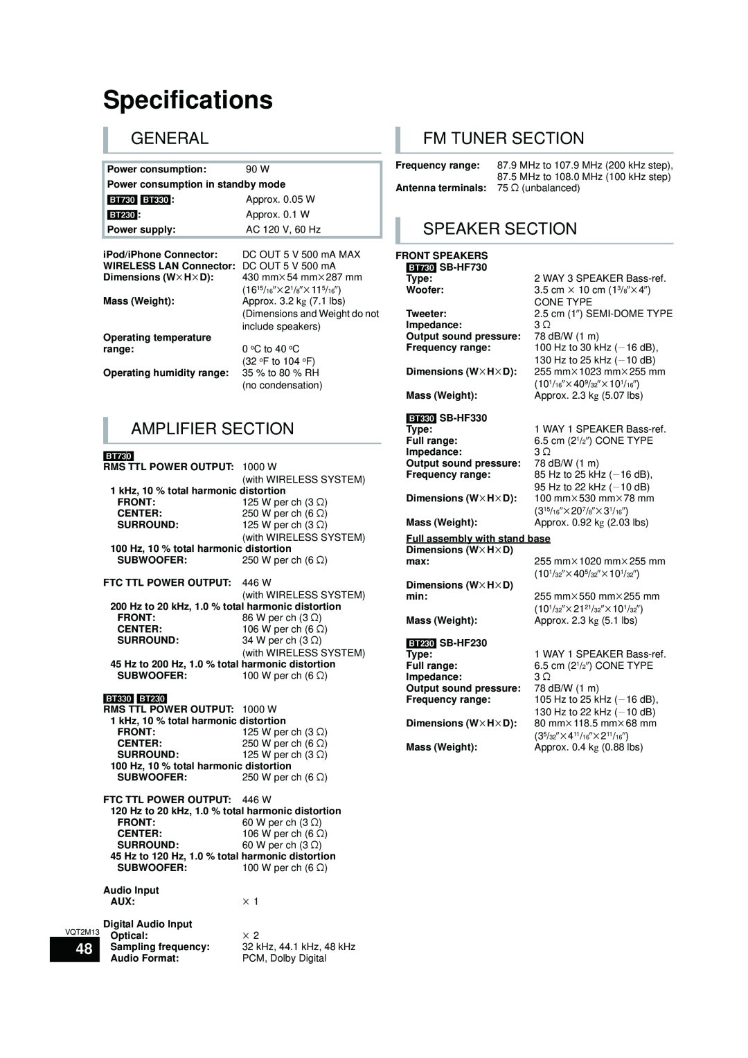 Panasonic SC-BT730, SC-BT330 Specifications, General, Amplifier Section, Fm Tuner Section, Speaker Section 
