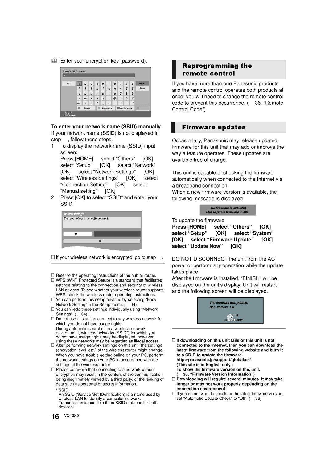 Panasonic SC-BTT196 Reprogramming the remote control, Firmware updates, To enter your network name Ssid manually 