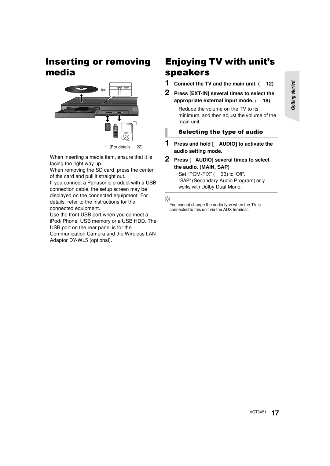 Panasonic SC-BTT 190, SC-BTT196 Inserting or removing media, Enjoying TV with unit’s speakers, Selecting the type of audio 