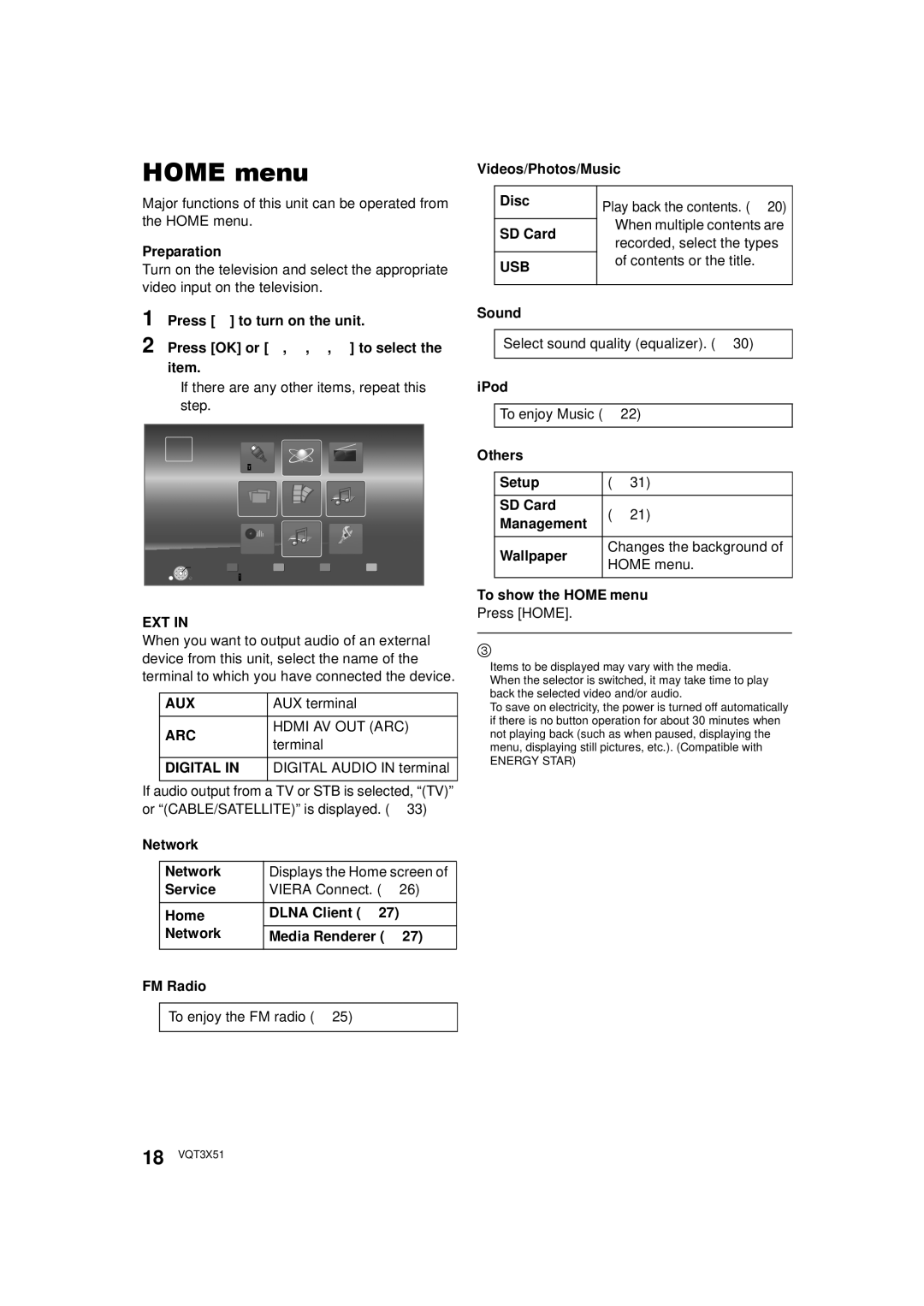 Panasonic SC-BTT 195, SC-BTT196, SC-BTT 190 owner manual Home menu 