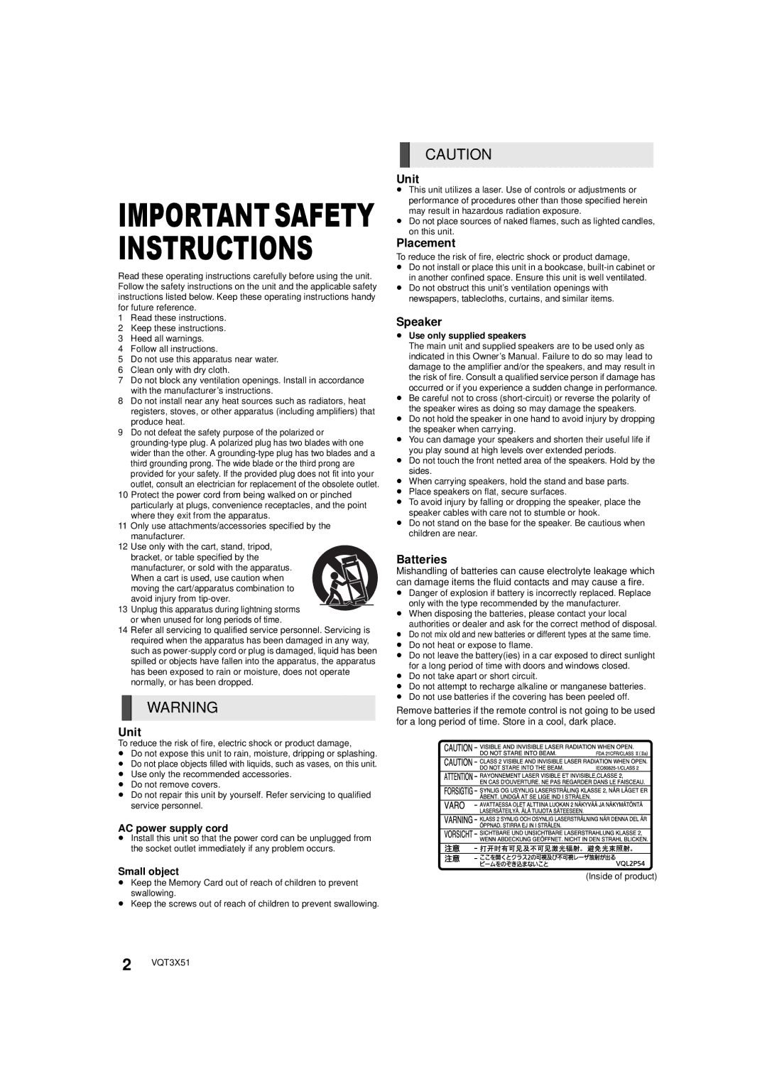 Panasonic SC-BTT 190, SC-BTT 195, SC-BTT196 owner manual Unit, Placement, Speaker, Batteries 