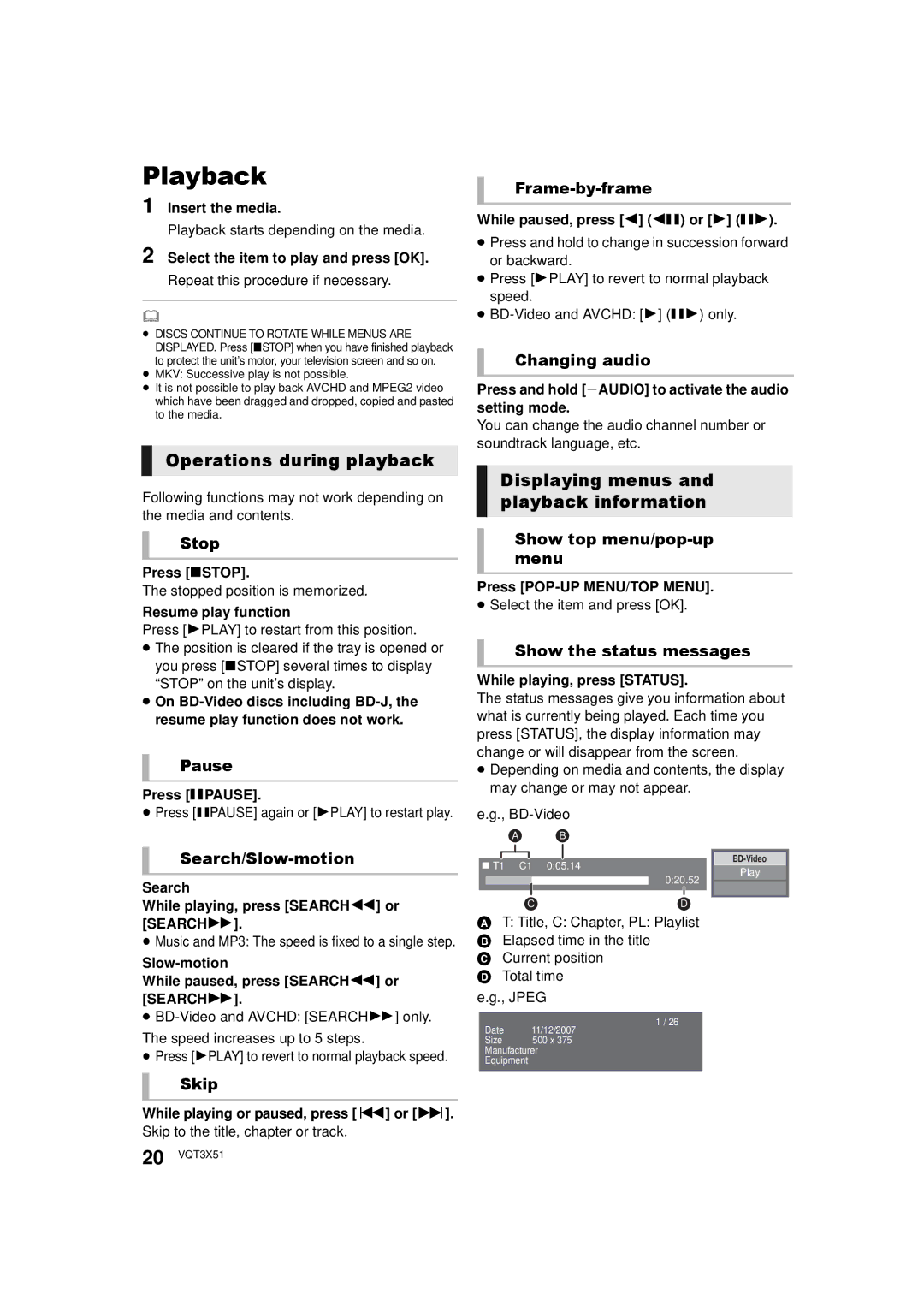 Panasonic SC-BTT 190, SC-BTT 195, SC-BTT196 Playback, Operations during playback, Displaying menus and playback information 