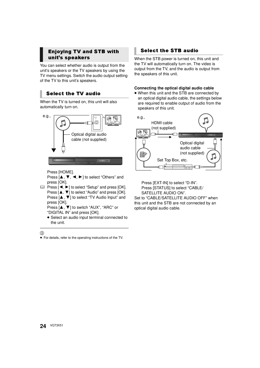 Panasonic SC-BTT 195, SC-BTT196 Enjoying TV and STB with unit’s speakers, Select the TV audio, Select the STB audio 