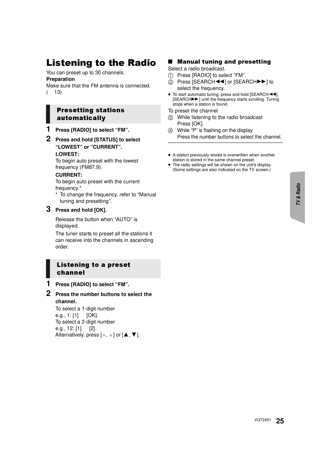 Panasonic SC-BTT196, SC-BTT 195, SC-BTT 190 owner manual Manual tuning and presetting 