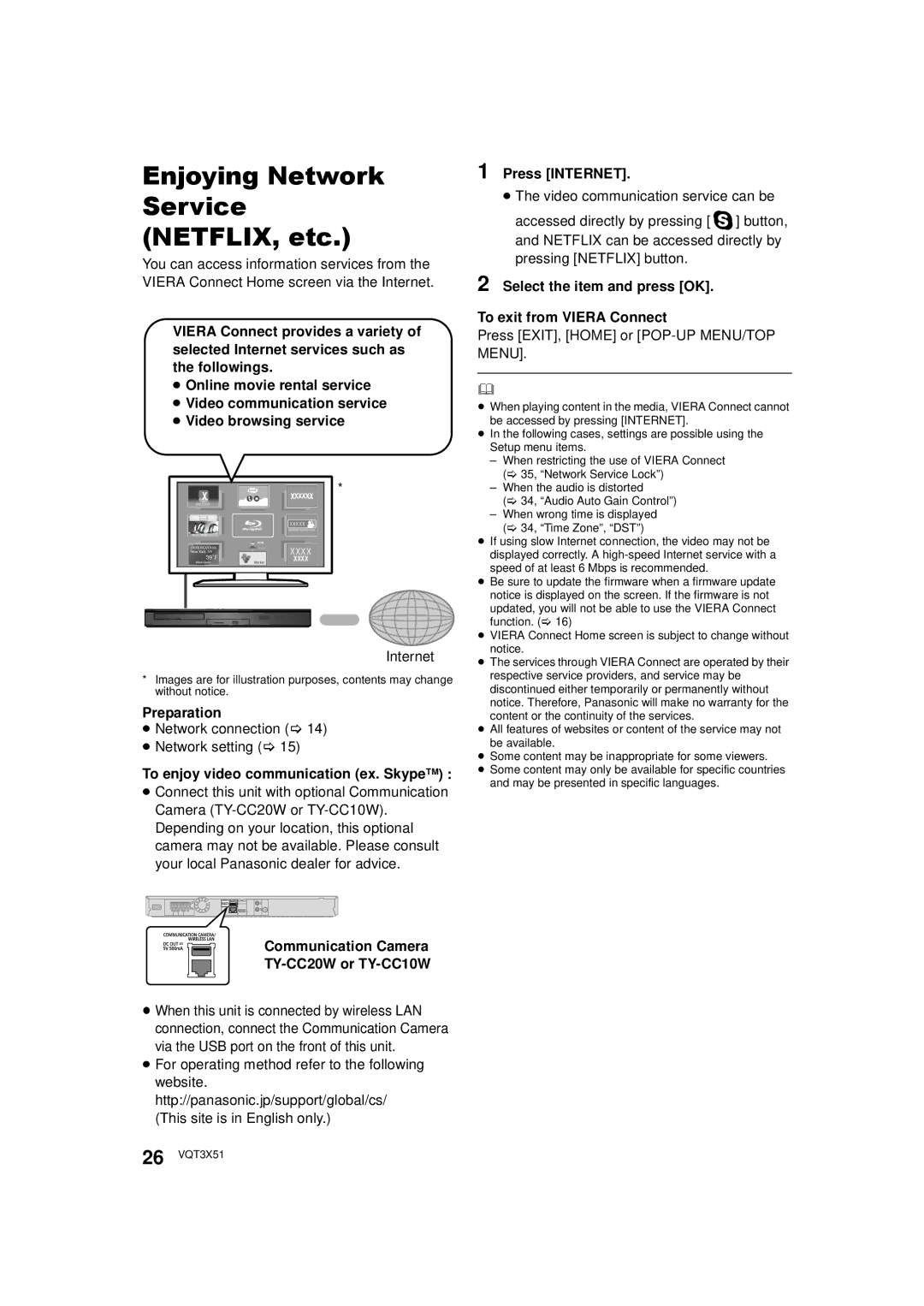 Panasonic SC-BTT 190 Enjoying Network Service NETFLIX, etc, To enjoy video communication ex. SkypeTM, Press Internet 