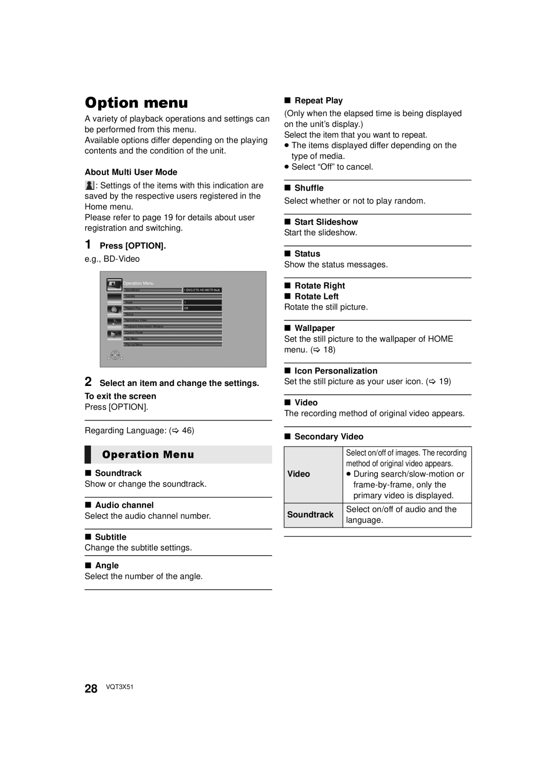 Panasonic SC-BTT196, SC-BTT 195, SC-BTT 190 owner manual Option menu, Operation Menu 