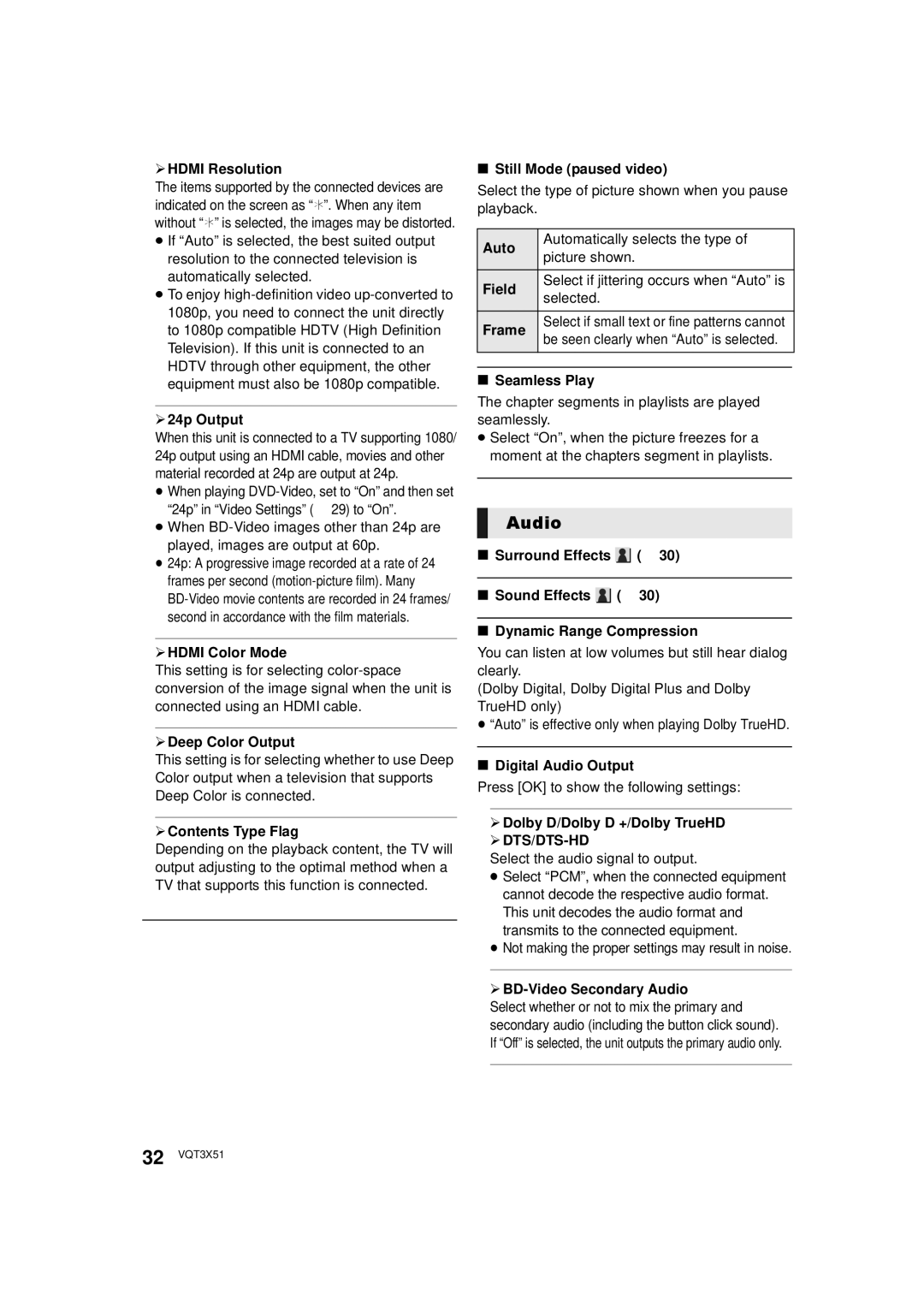 Panasonic SC-BTT 190, SC-BTT 195, SC-BTT196 owner manual Audio, ¾ DTS/DTS-HD 