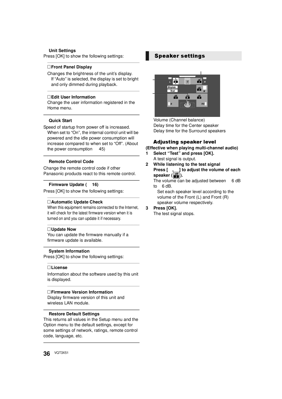 Panasonic SC-BTT 195, SC-BTT196, SC-BTT 190 owner manual Speaker settings, Adjusting speaker level 