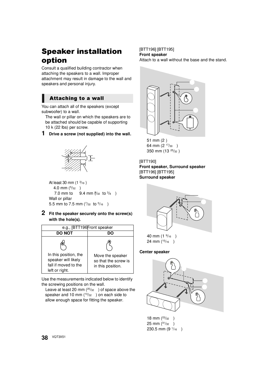 Panasonic SC-BTT 190, SC-BTT 195, SC-BTT196 owner manual Speaker installation option, Attaching to a wall, Do not 