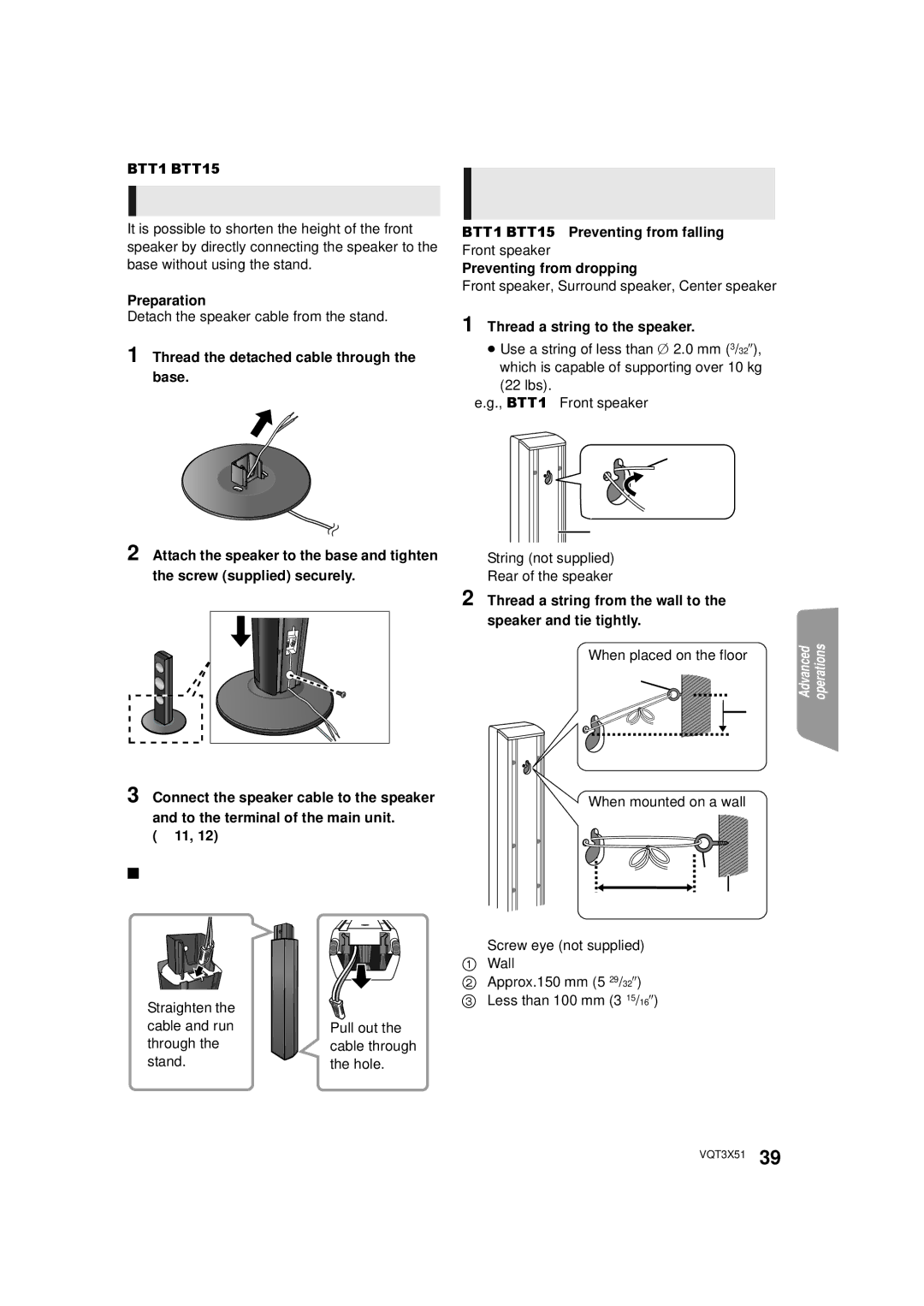 Panasonic SC-BTT 195, SC-BTT196 Front speaker assembly option, Preventing the speakers from falling or dropping,    