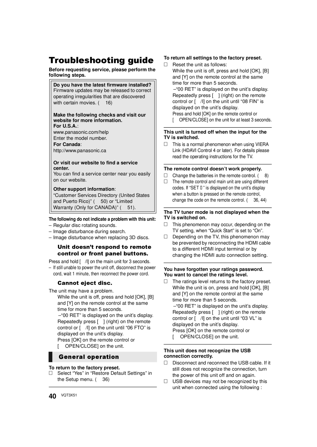 Panasonic SC-BTT196, SC-BTT 195, SC-BTT 190 owner manual Troubleshooting guide, General operation, Cannot eject disc 