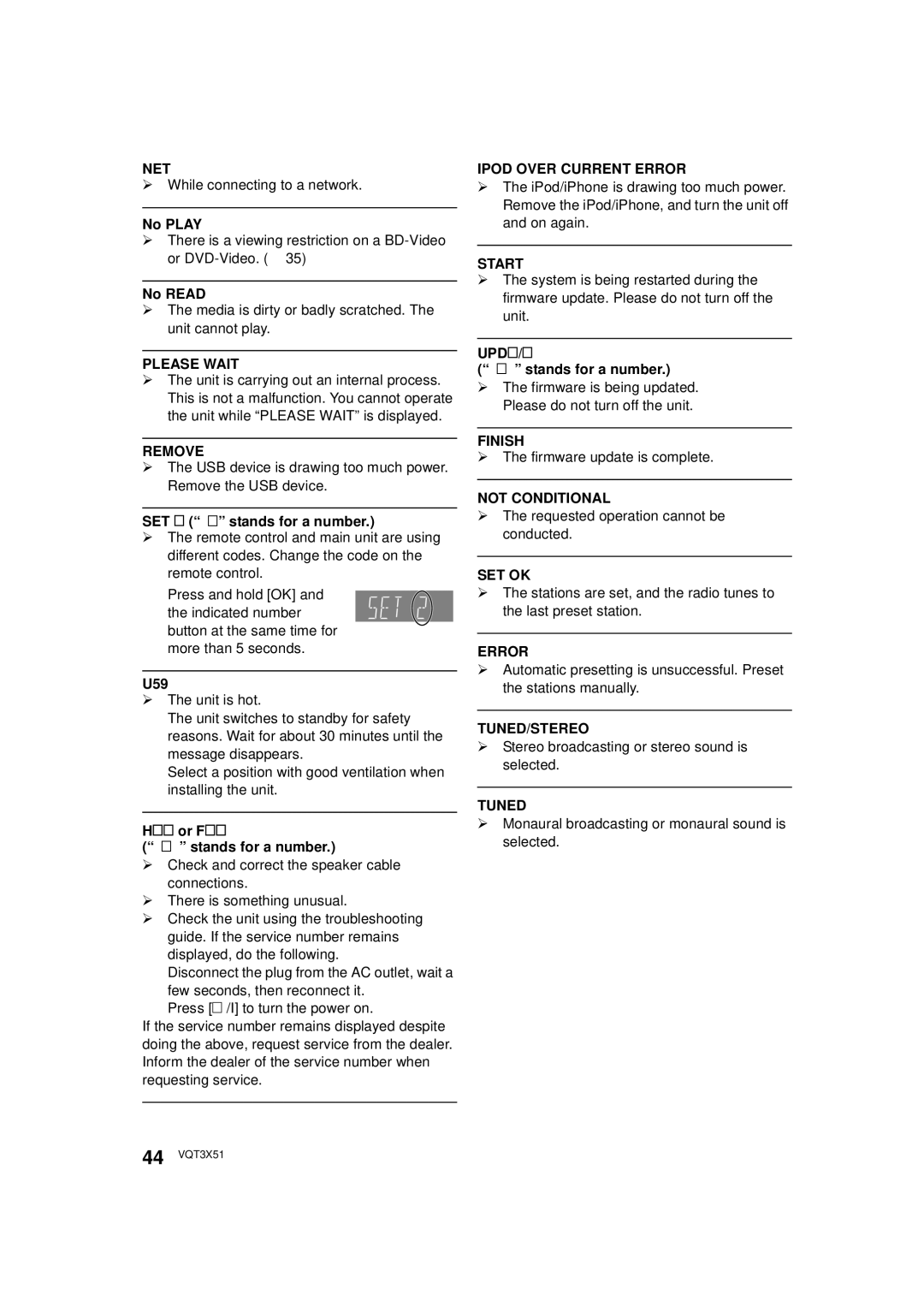 Panasonic SC-BTT 190 Net, Please Wait, Remove, Ipod Over Current Error, Start, Finish, Not Conditional, Set Ok, Tuned 