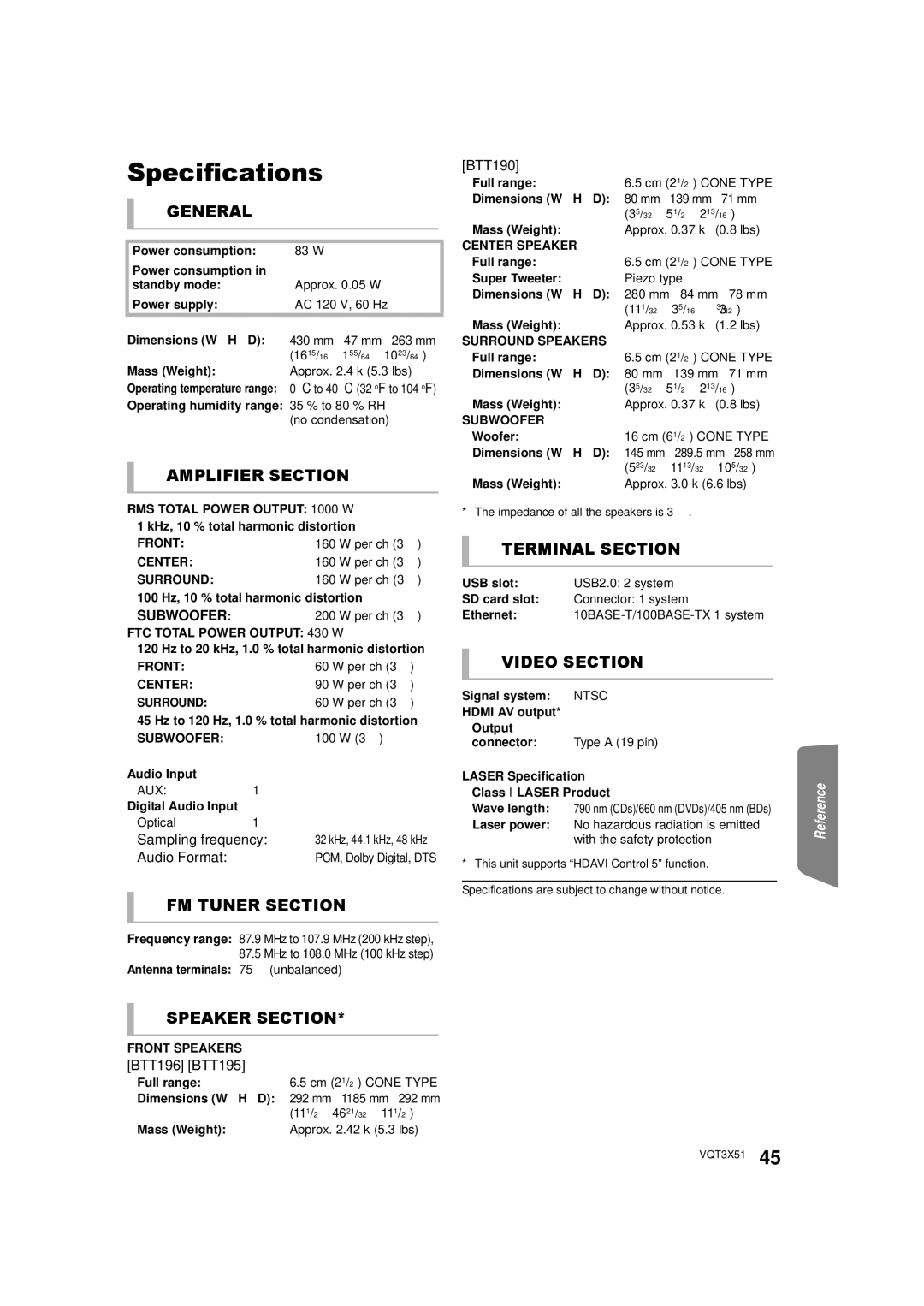 Panasonic SC-BTT 195, SC-BTT196, SC-BTT 190 owner manual Specifications, Sampling frequency, Audio Format 