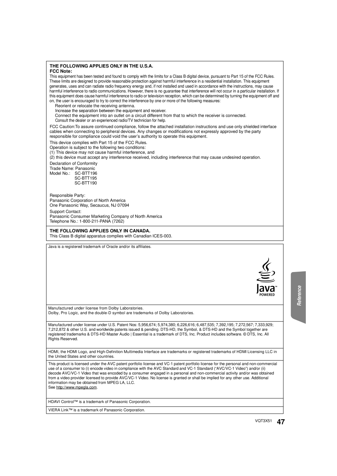 Panasonic SC-BTT 190, SC-BTT 195, SC-BTT196 owner manual Following Applies only in the U.S.A 