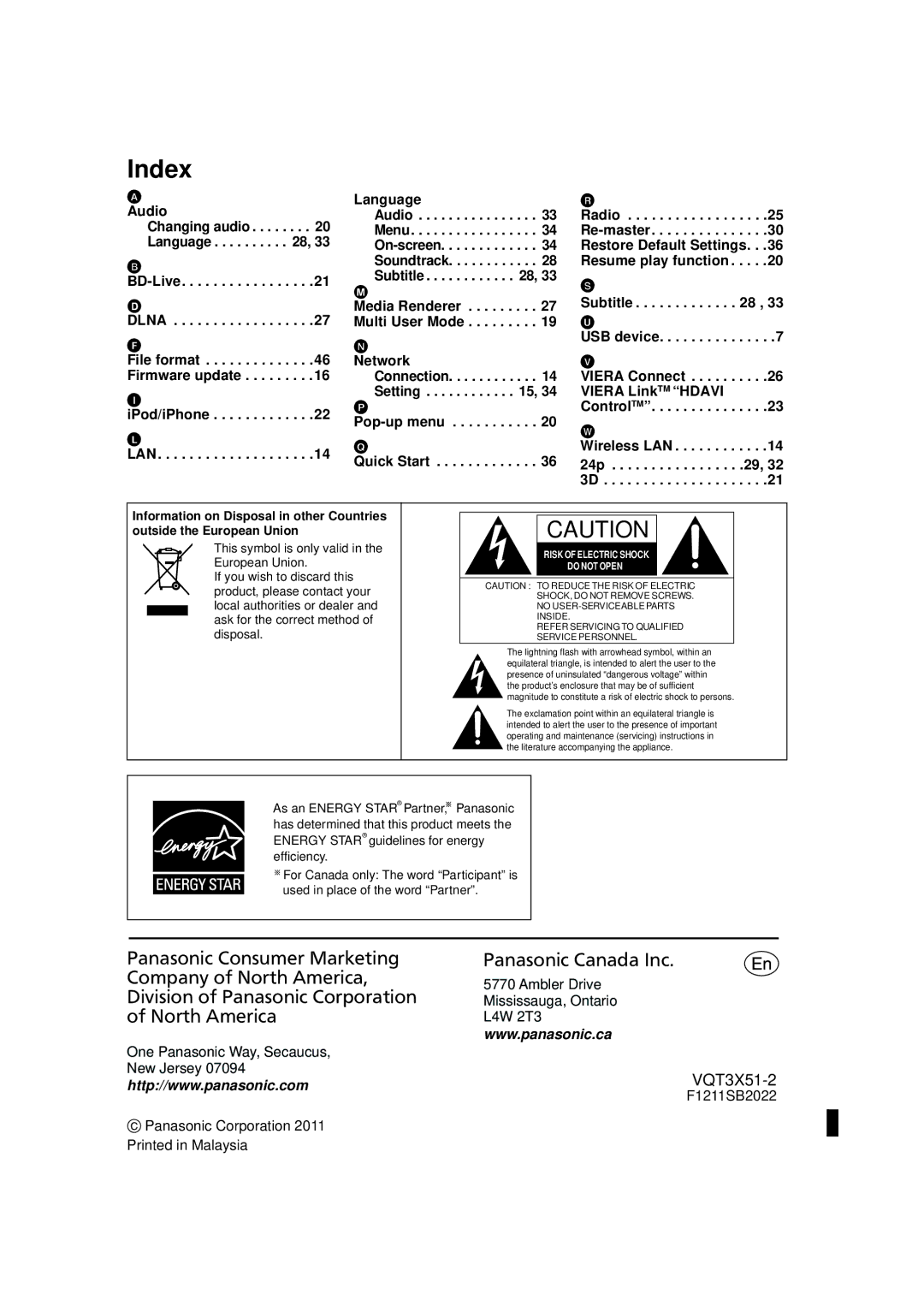 Panasonic SC-BTT196, SC-BTT 195, SC-BTT 190 owner manual Index, Dlna, Lan 