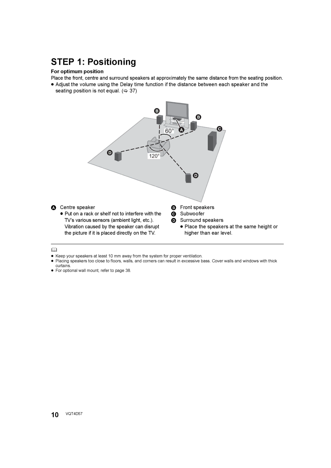 Panasonic SC-BTT190 manual Positioning, 60 , For optimum position, Centre speaker 