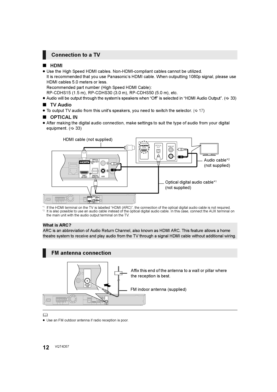 Panasonic SC-BTT190 manual Connection to a TV, FM antenna connection, TV Audio, What is ARC? 