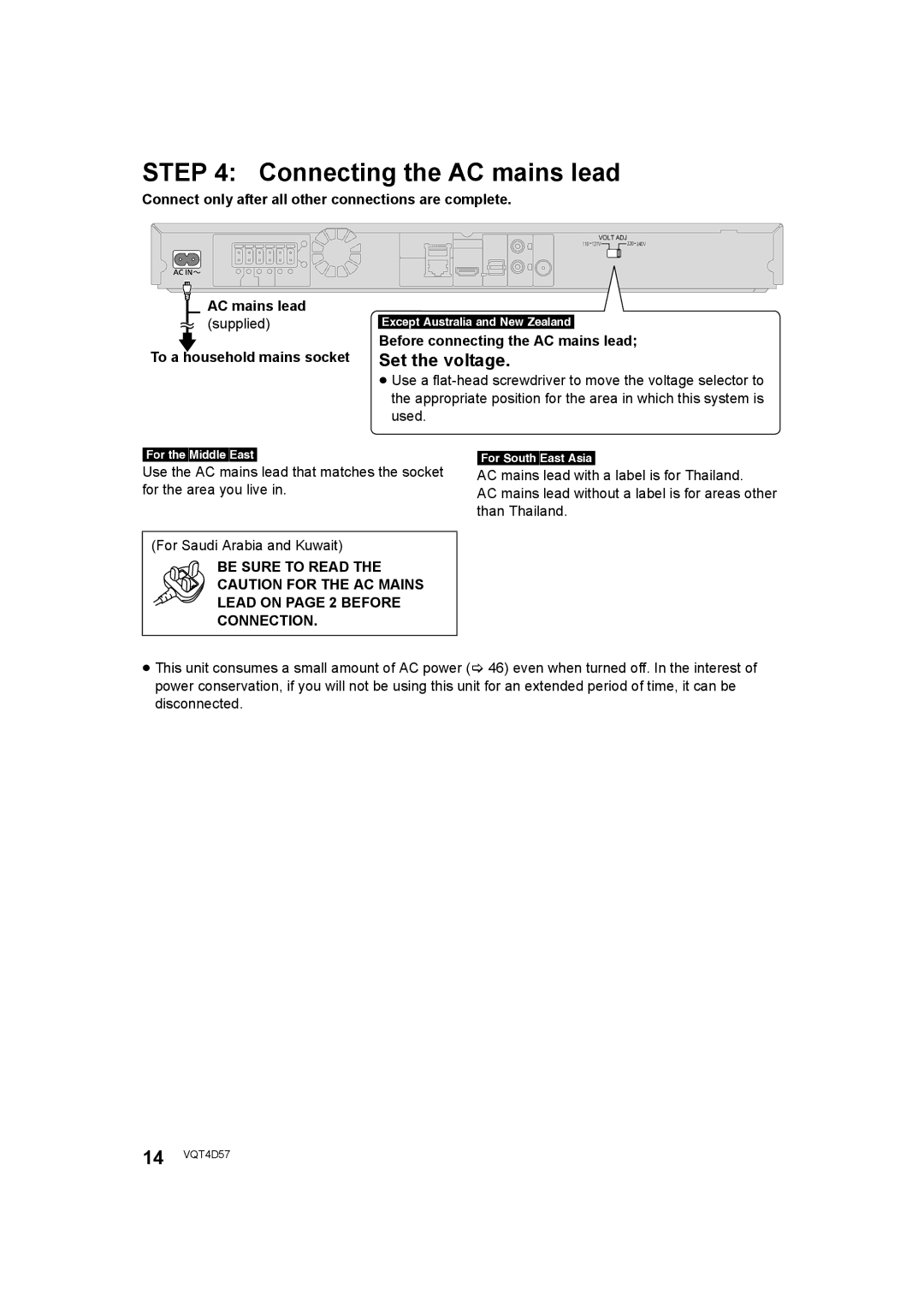 Panasonic SC-BTT190 Connecting the AC mains lead, Set the voltage, Connect only after all other connections are complete 