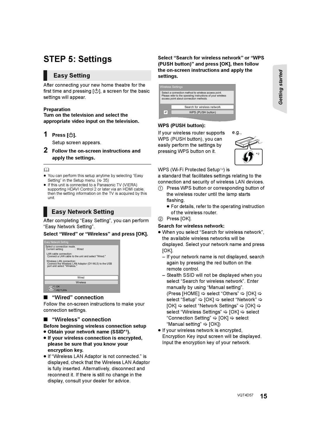 Panasonic SC-BTT190 manual Settings, Easy Setting, Easy Network Setting, Wired connection, Wireless connection 