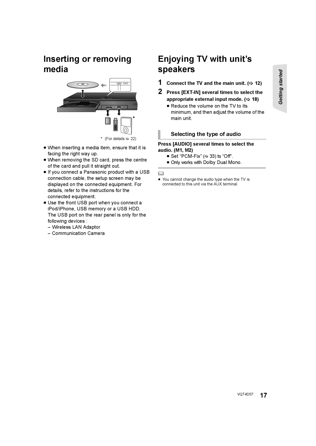 Panasonic SC-BTT190 manual Inserting or removing media, Enjoying TV with unit’s speakers, Selecting the type of audio 