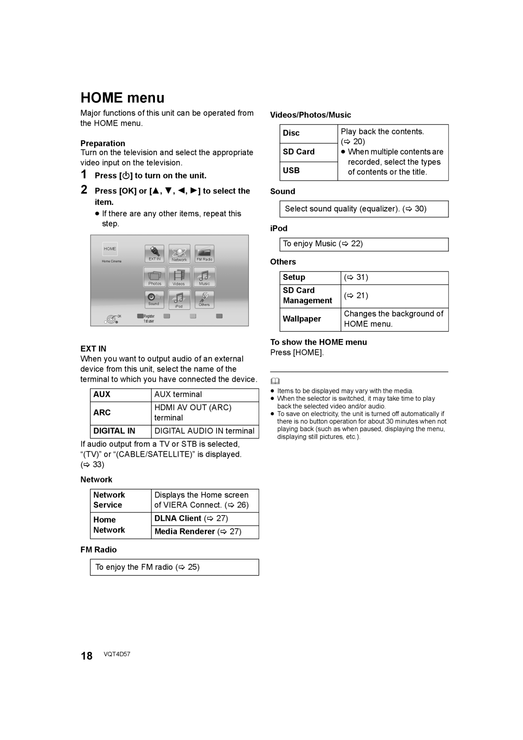 Panasonic SC-BTT190 manual Home menu 