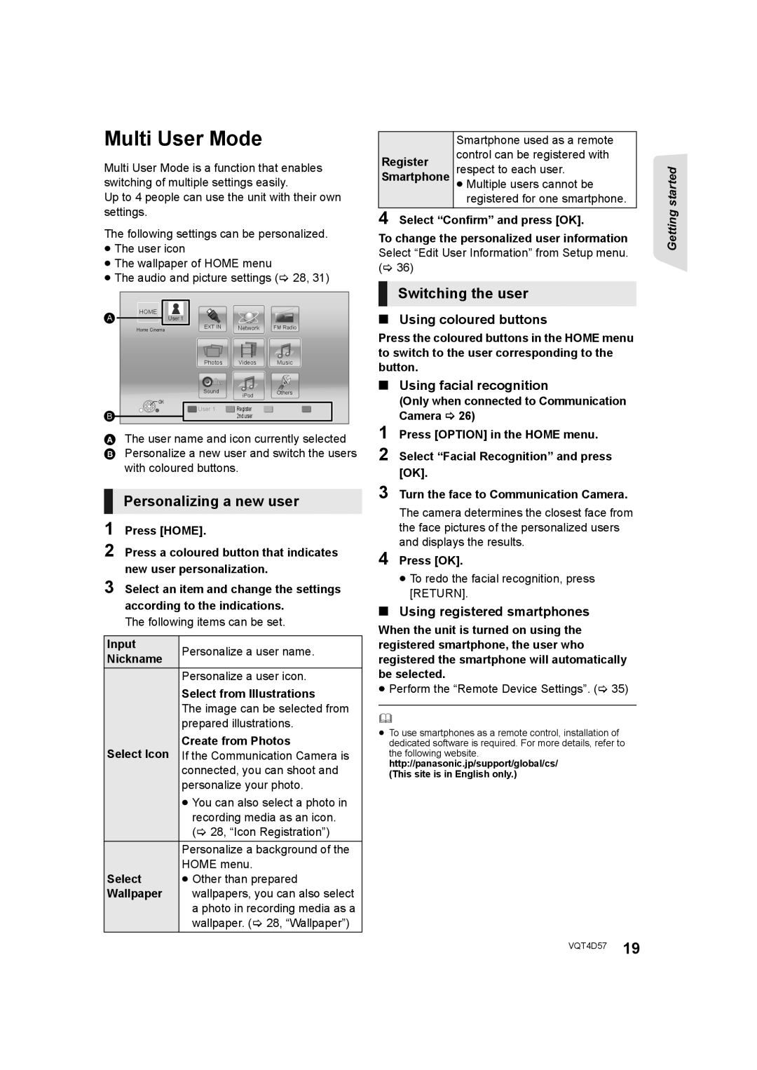 Panasonic SC-BTT190 manual Multi User Mode, Switching the user, Using coloured buttons, Using facial recognition 