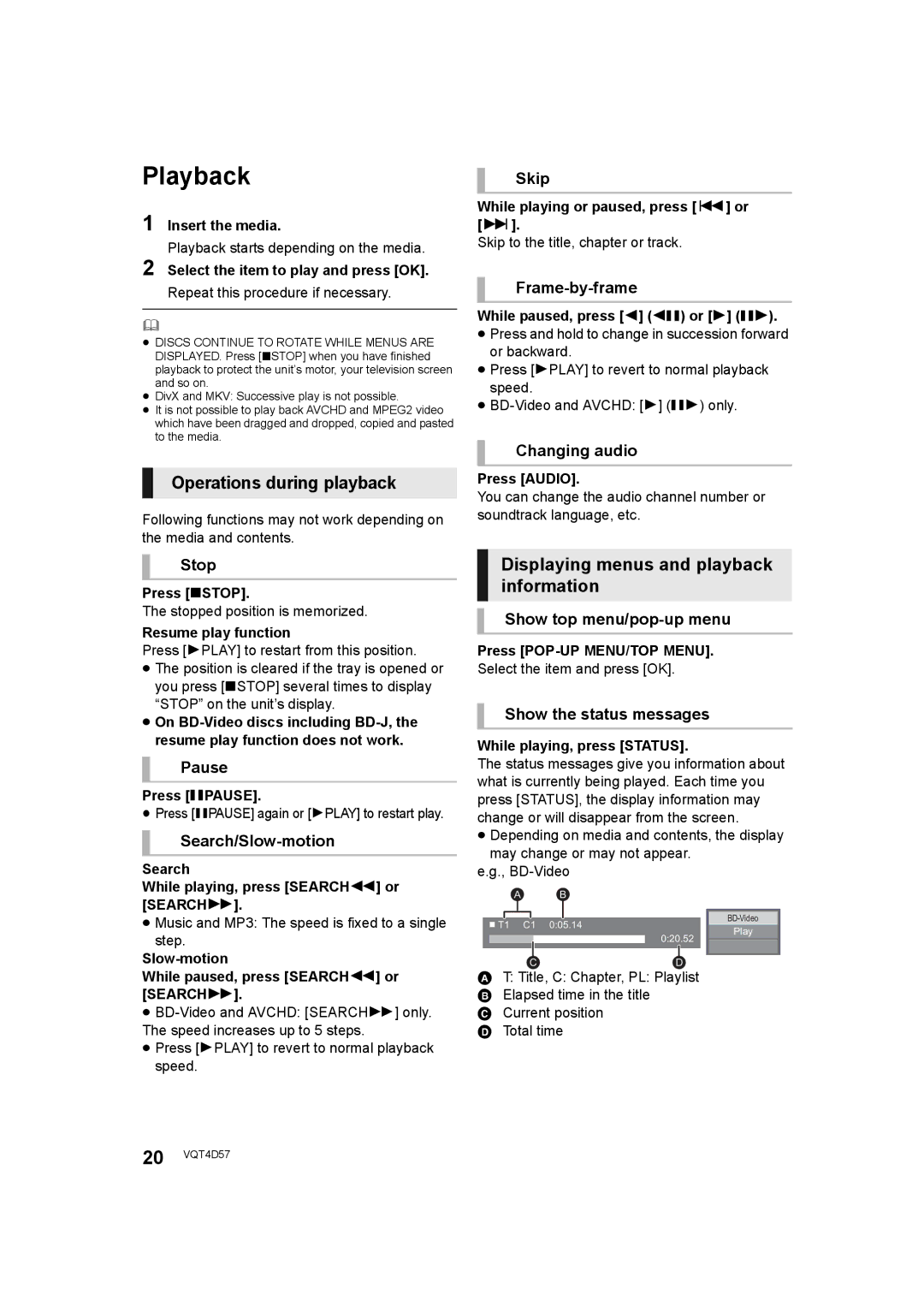 Panasonic SC-BTT190 manual Playback, Operations during playback, Displaying menus and playback information 