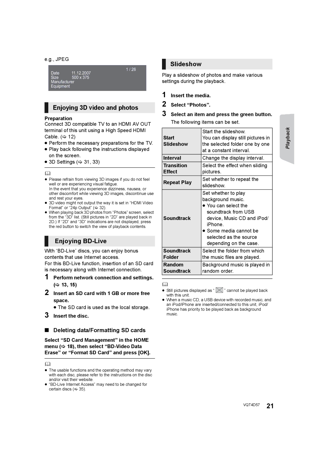 Panasonic SC-BTT190 manual Enjoying 3D video and photos, Enjoying BD-Live, Slideshow, Deleting data/Formatting SD cards 