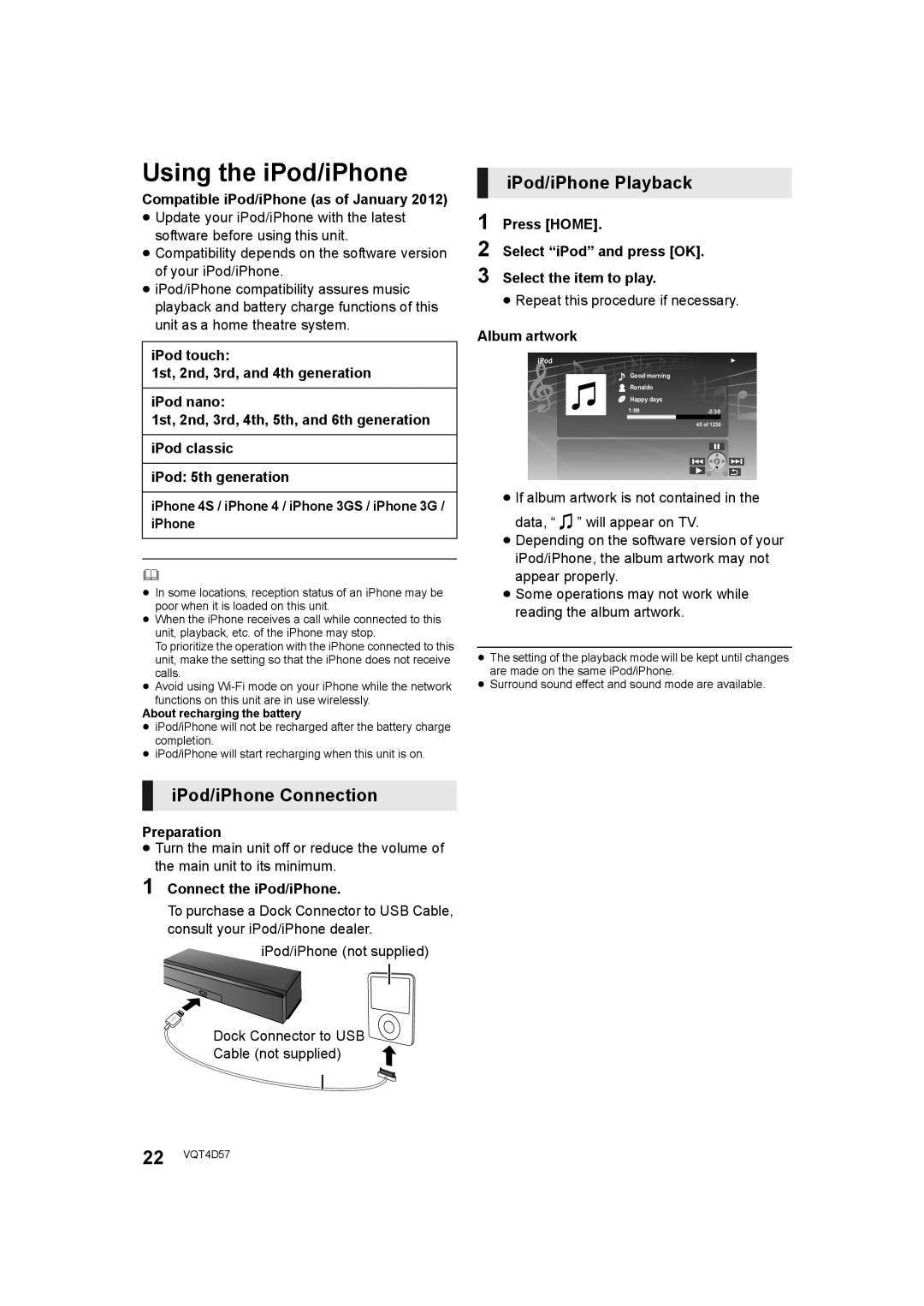 Panasonic SC-BTT190 manual Using the iPod/iPhone, IPod/iPhone Connection, IPod/iPhone Playback 