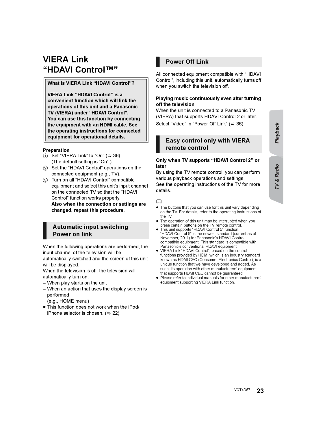 Panasonic SC-BTT190 manual Viera Link Hdavi Control, Automatic input switching Power on link, Power Off Link 