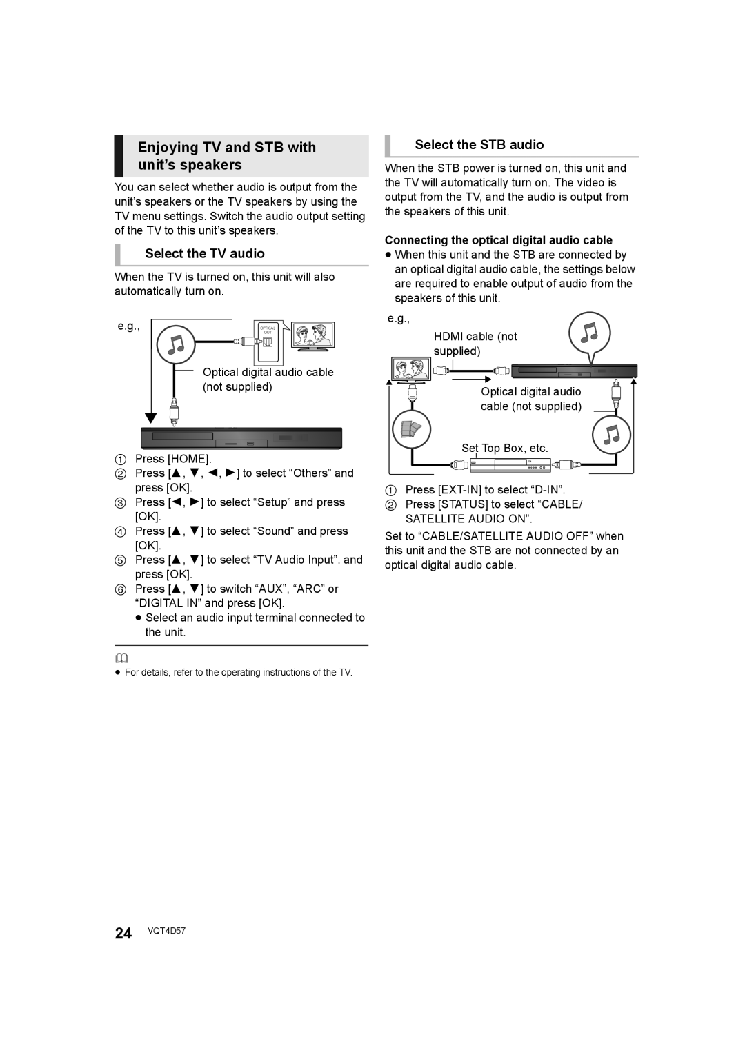 Panasonic SC-BTT190 manual Enjoying TV and STB with unit’s speakers, Select the TV audio, Select the STB audio 