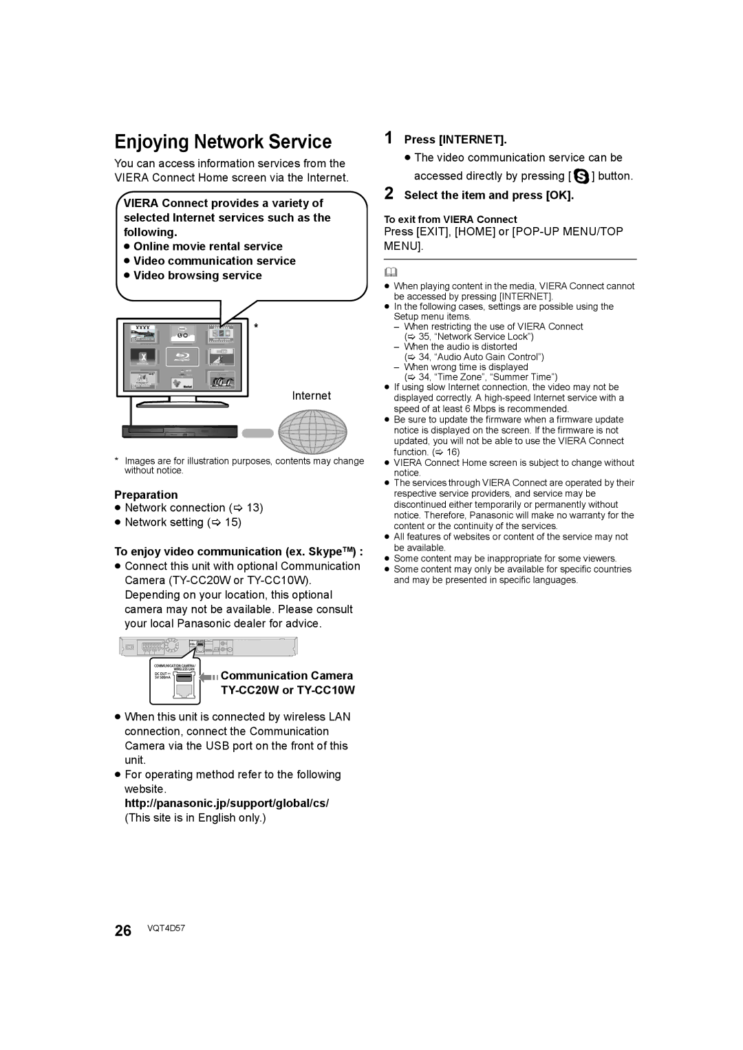 Panasonic SC-BTT190 manual Enjoying Network Service, To enjoy video communication ex. SkypeTM, Press Internet 