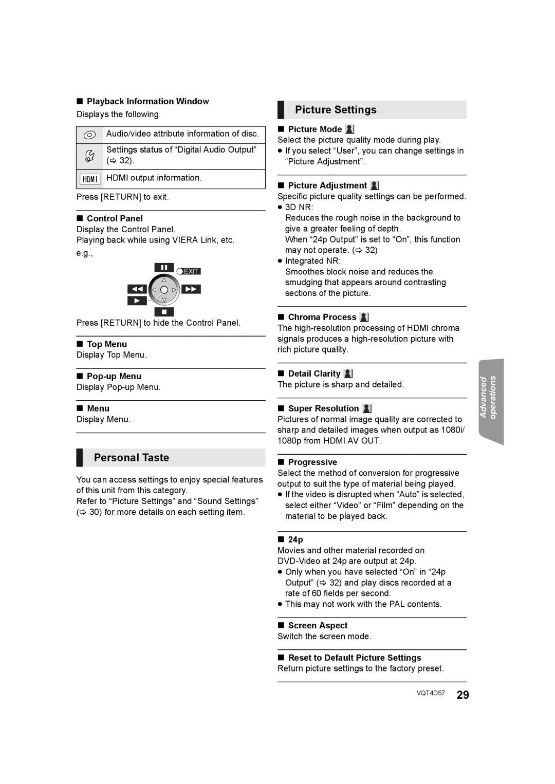 Panasonic SC-BTT190 manual Picture Settings, Personal Taste 