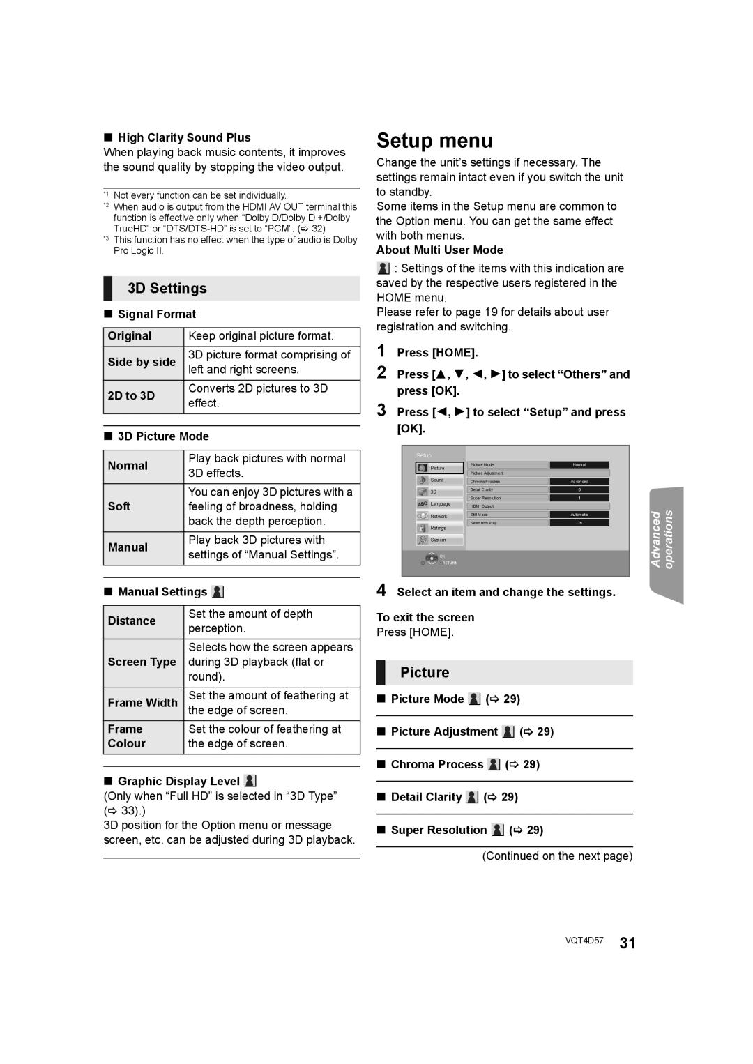 Panasonic SC-BTT190 manual Setup menu, 3D Settings, Picture 