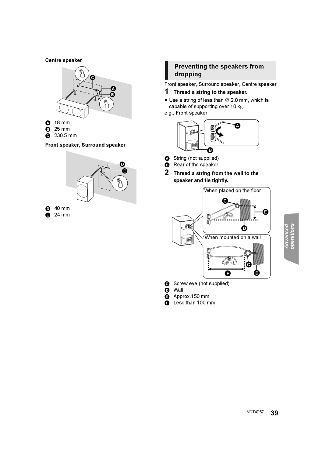 Panasonic SC-BTT190 manual Preventing the speakers from dropping,   , Centre speaker, Front speaker, Surround speaker 