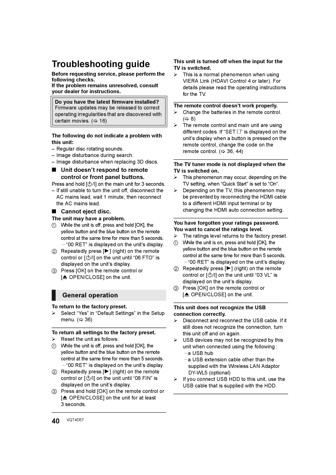 Panasonic SC-BTT190 manual Troubleshooting guide, General operation, Cannot eject disc 