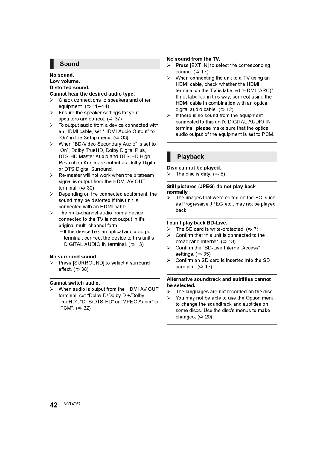 Panasonic SC-BTT190 manual Cannot hear the desired audio type, No surround sound, Cannot switch audio, No sound from the TV 