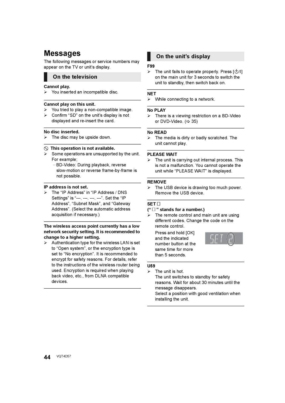 Panasonic SC-BTT190 manual Messages, On the television, On the unit’s display 