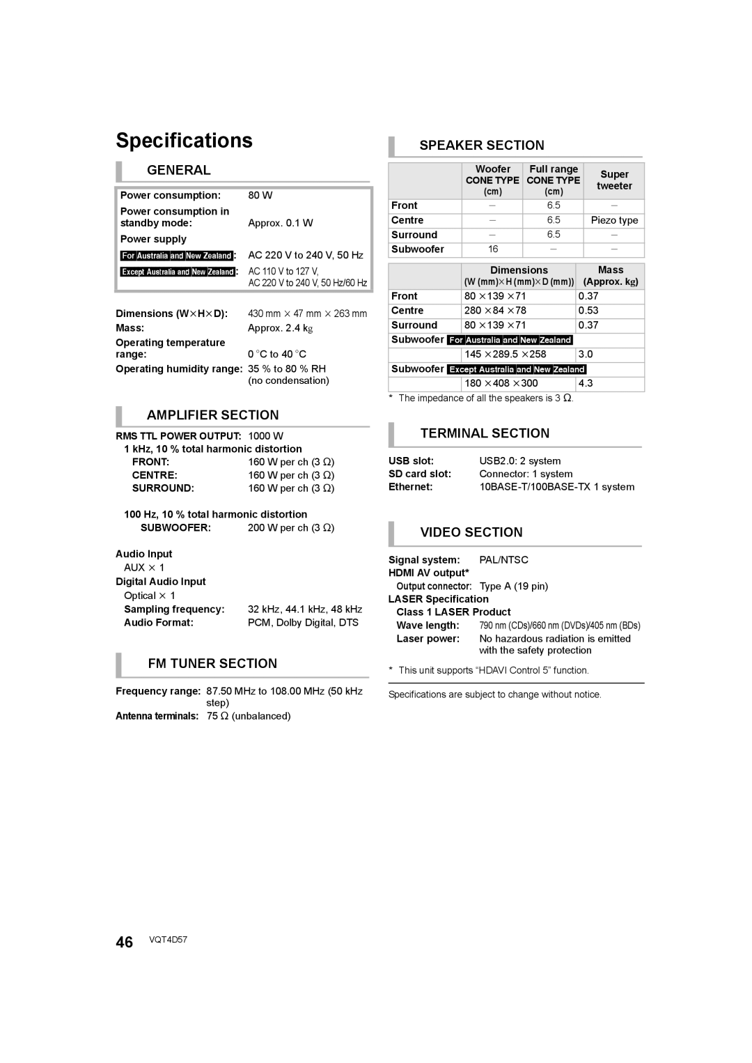 Panasonic SC-BTT190 manual Specifications, General 