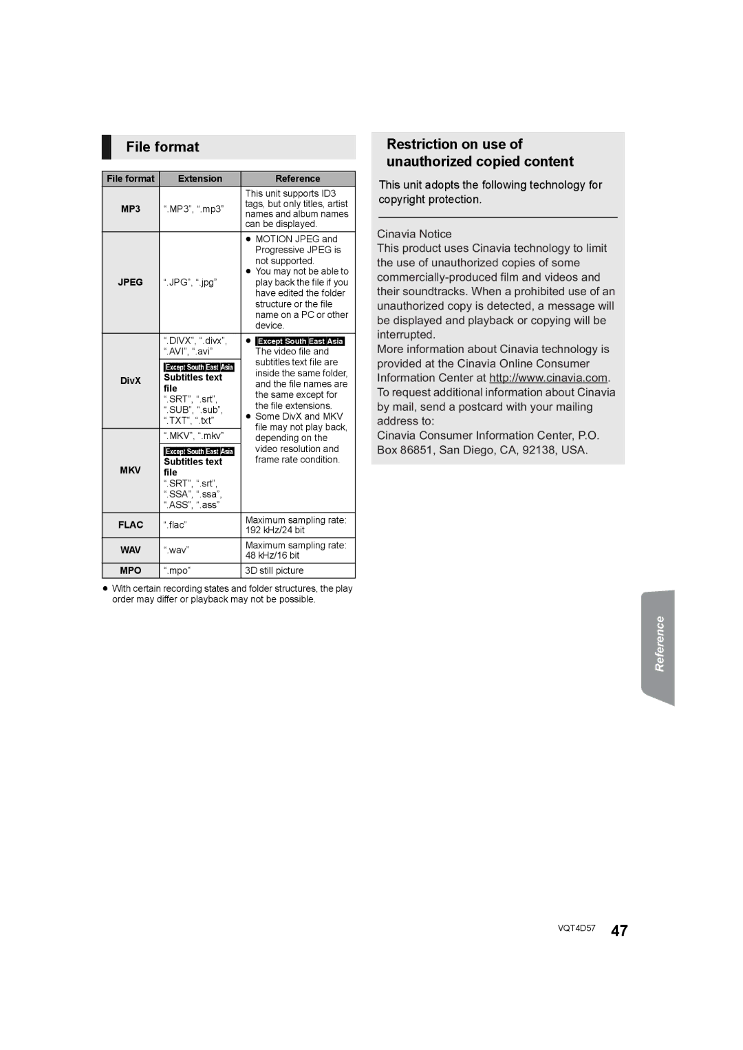 Panasonic SC-BTT190 manual File format, Restriction on use of unauthorized copied content 