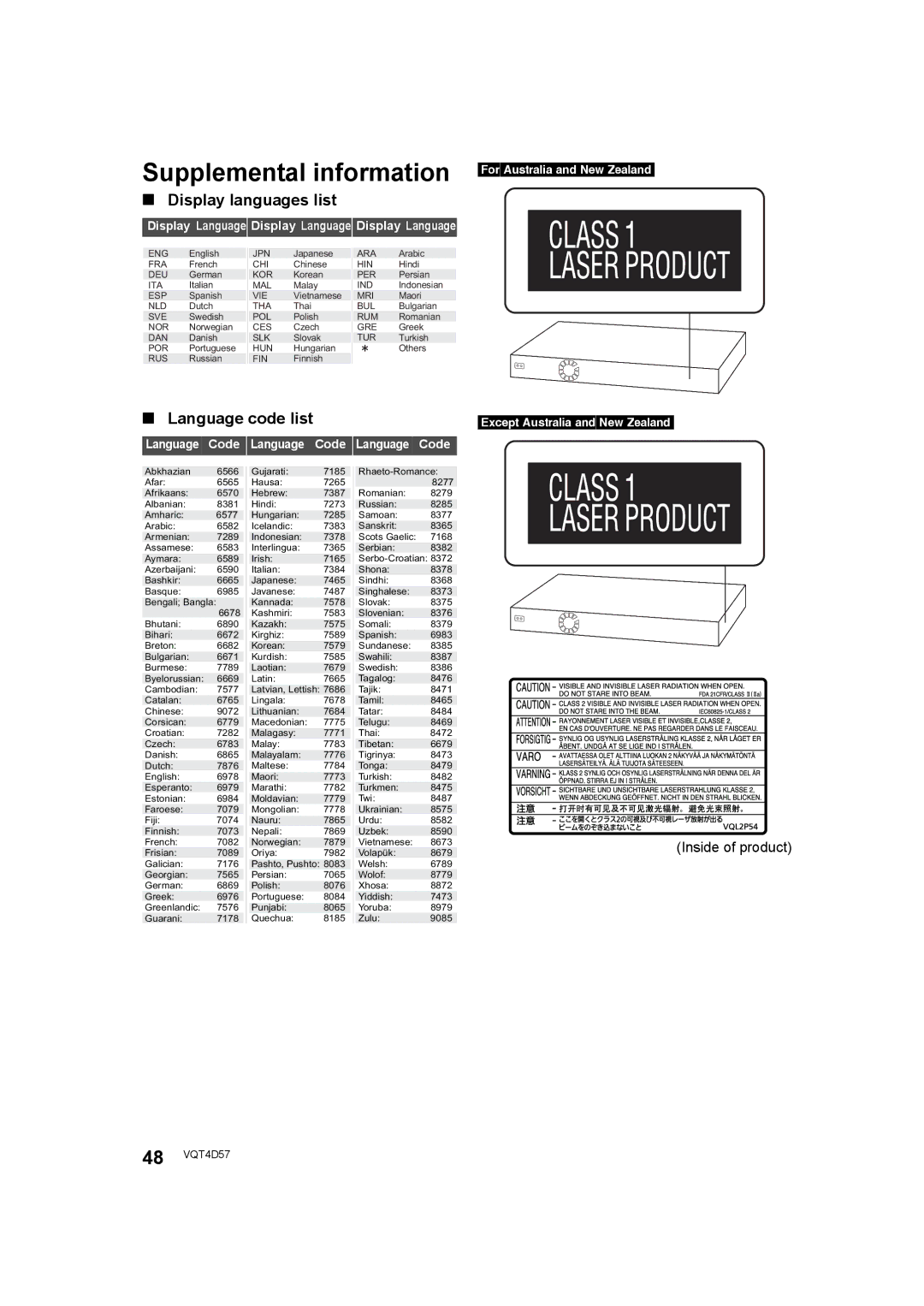 Panasonic SC-BTT190 manual Display languages list, Language code list, Supplemental information ForAustraliaandNewZealand 