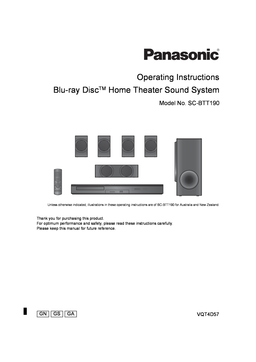 Panasonic manual Model No. SC-BTT190, Gn Gs Ga, VQT4D57 