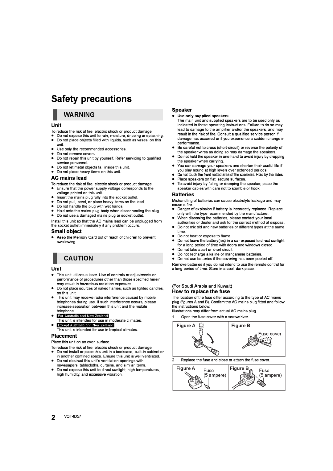 Panasonic SC-BTT190 manual Safety precautions, Figure A, Figure B, ≥Use only supplied speakers 